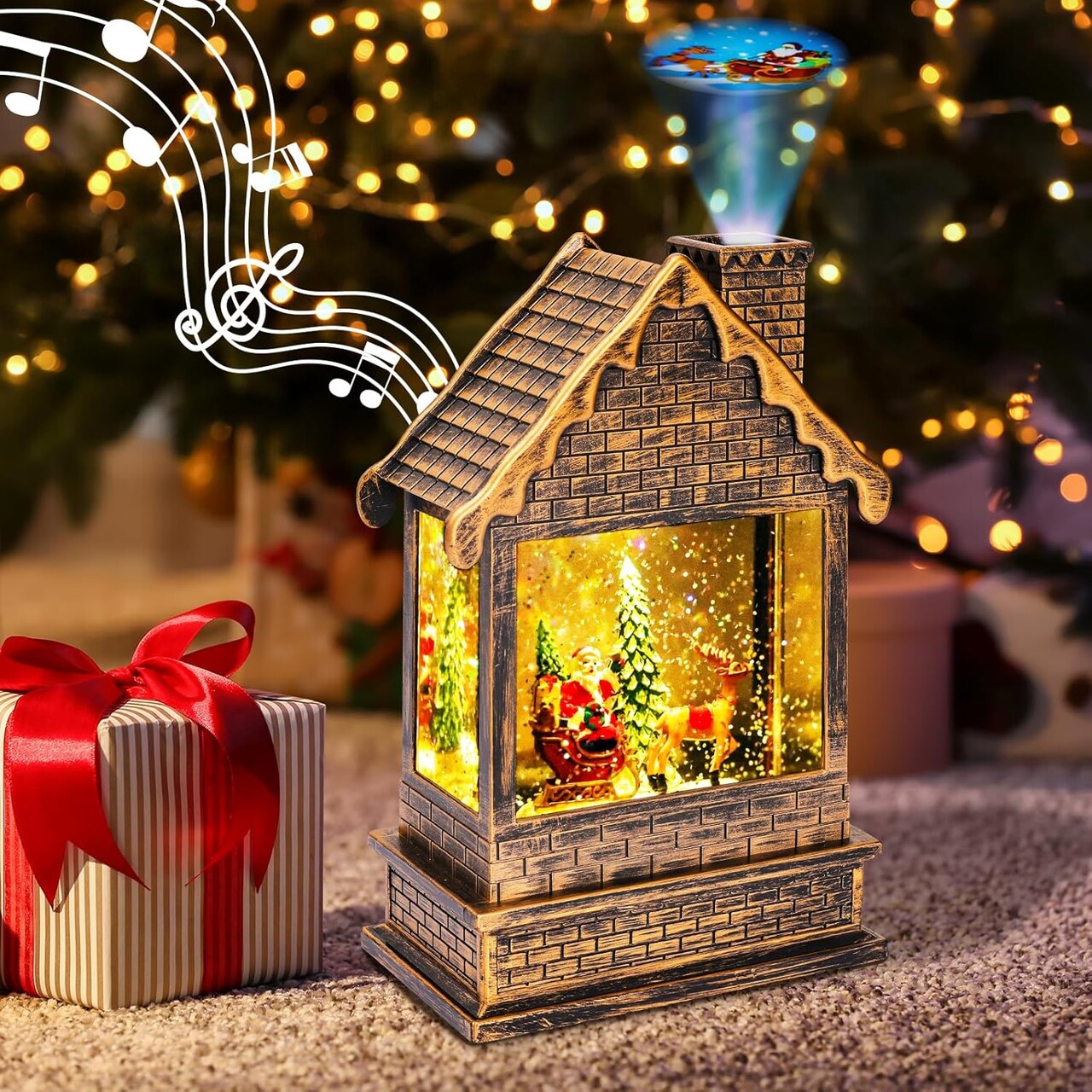 Lighted Christmas Snow Globes Musical Lantern with Timer, Train Water Lanterns Snowing Glittering Battery Operated, Christmas Santa Claus Musical Lighted Christmas Home Décor (House Lantern)